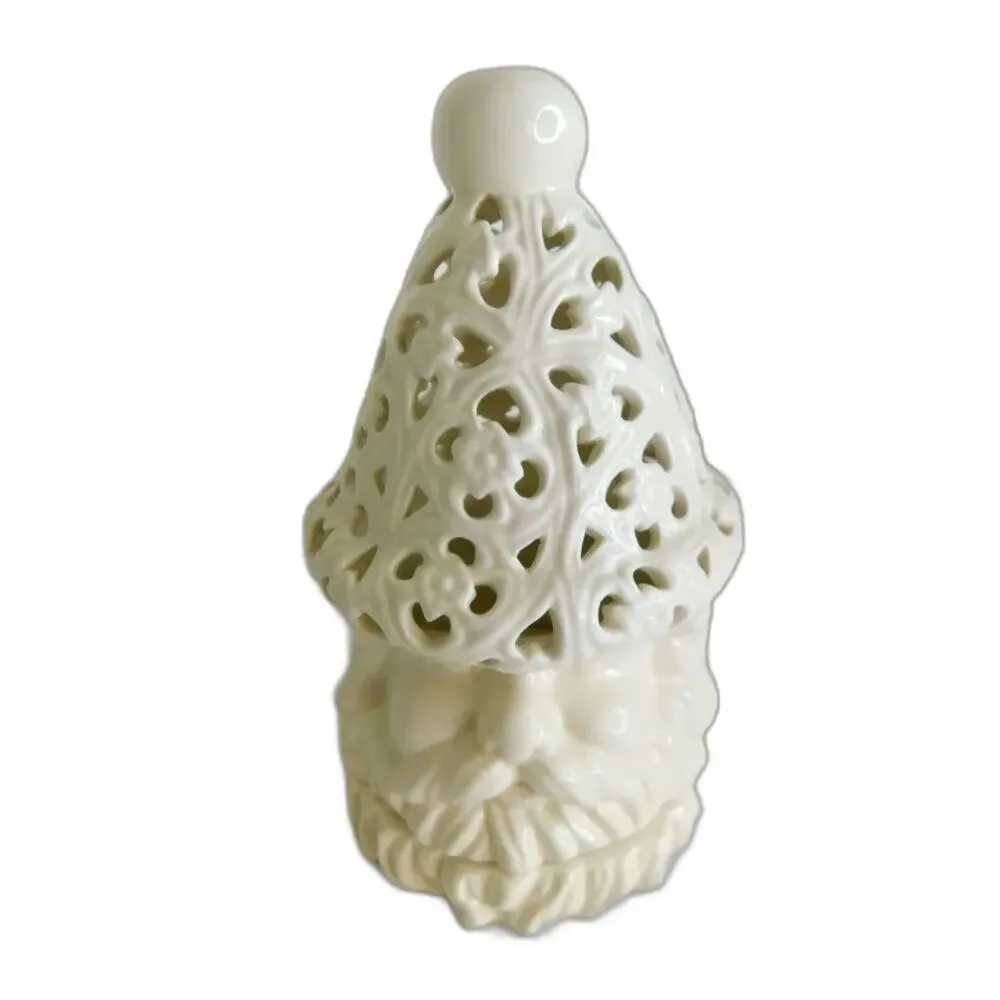 Vintage White Ceramic Santa Tea Light Holder Filigree Cutout Christmas Decor 9